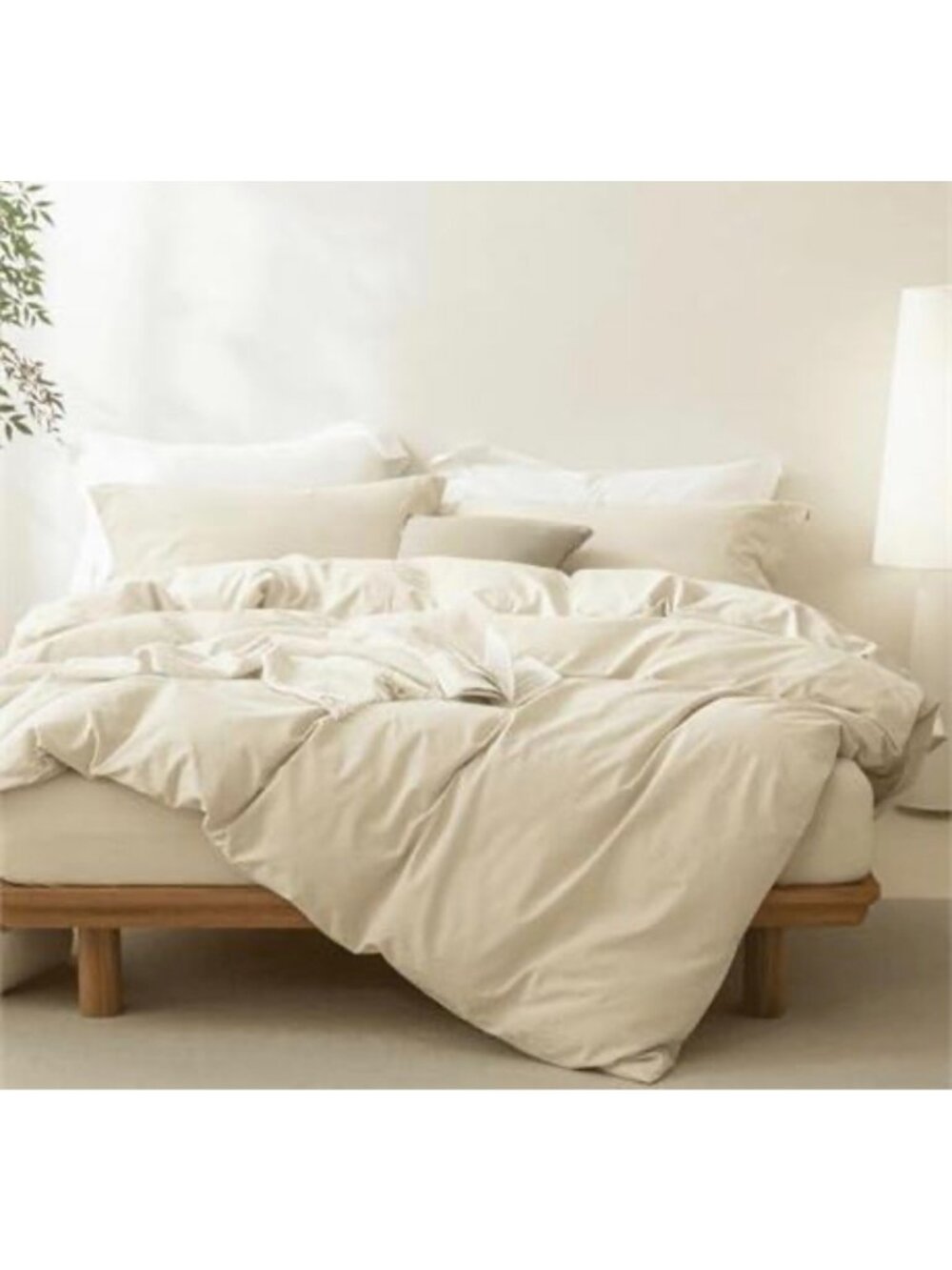 Beige Queen Size Duvet Cover Set With Pillowcases & Fringe Throw Blanket Minimal